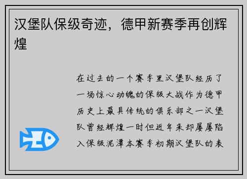 汉堡队保级奇迹，德甲新赛季再创辉煌