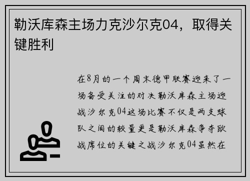 勒沃库森主场力克沙尔克04，取得关键胜利