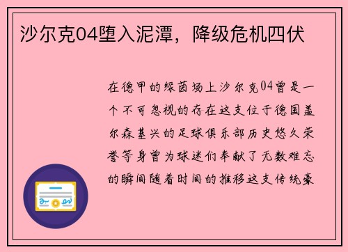 沙尔克04堕入泥潭，降级危机四伏